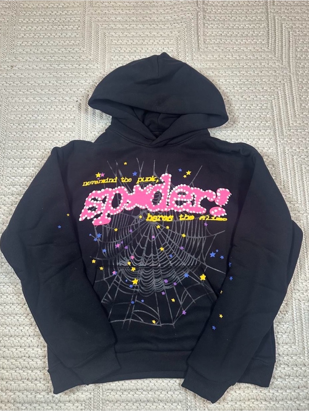 Black Graphic Hoodie Vest with Pink 'Spiders' Design
